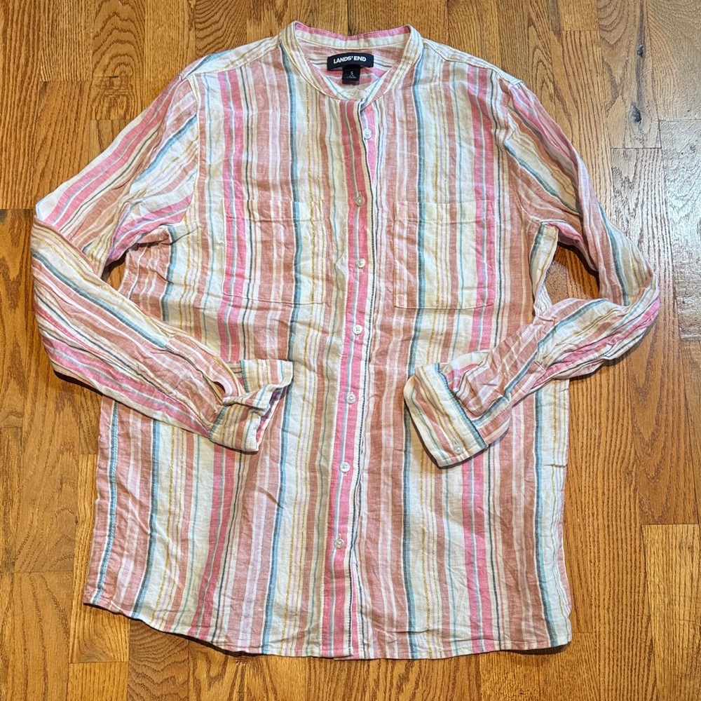 Land’s End 99% linen pastel stripe button down shirt size small